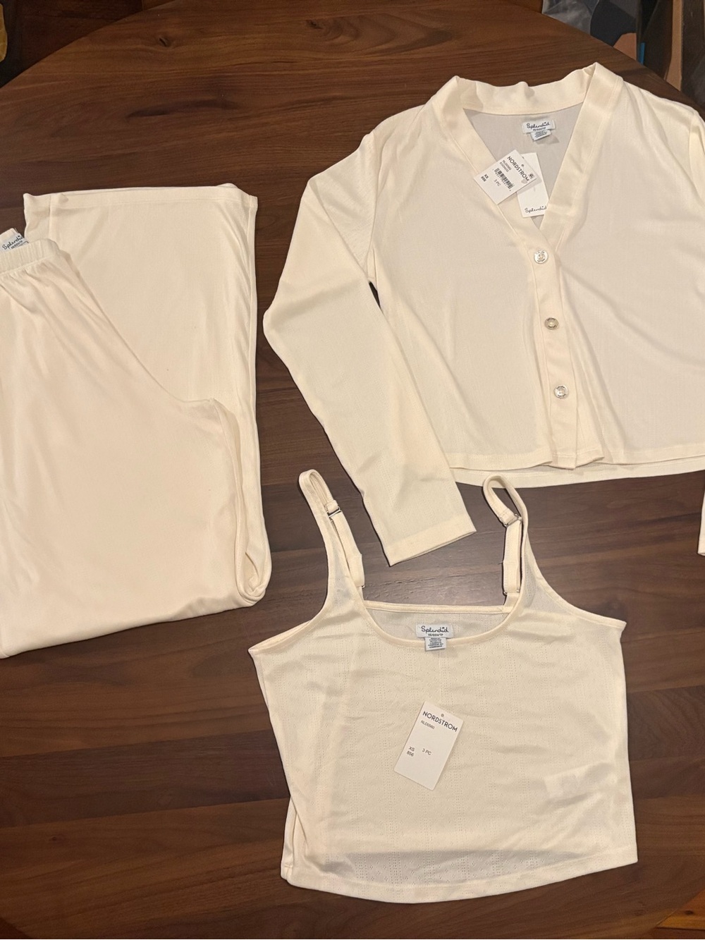 Splendid Cream Ribbed 3-Piece Sleep Set - Tank, Cardigan & Pants Size XS